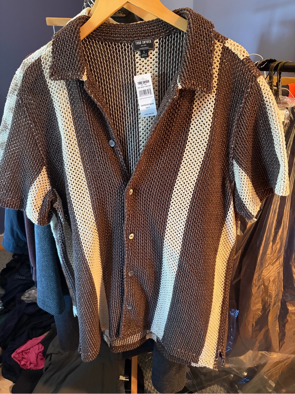 Todd Snyder Men’s Brown & Cream Knit Short-Sleeve shirt
